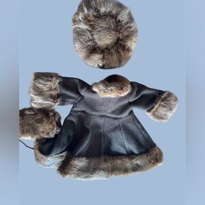 Children's Brown  Recycled. Real Mink Fur Trim Pea Coat with Hat and hand worme